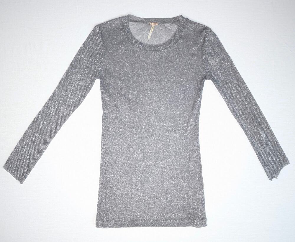 Poof Sz. Sm Sheer Silver Metallic Shimmer Mesh Long Sleeve Top Goth Grunge Rave